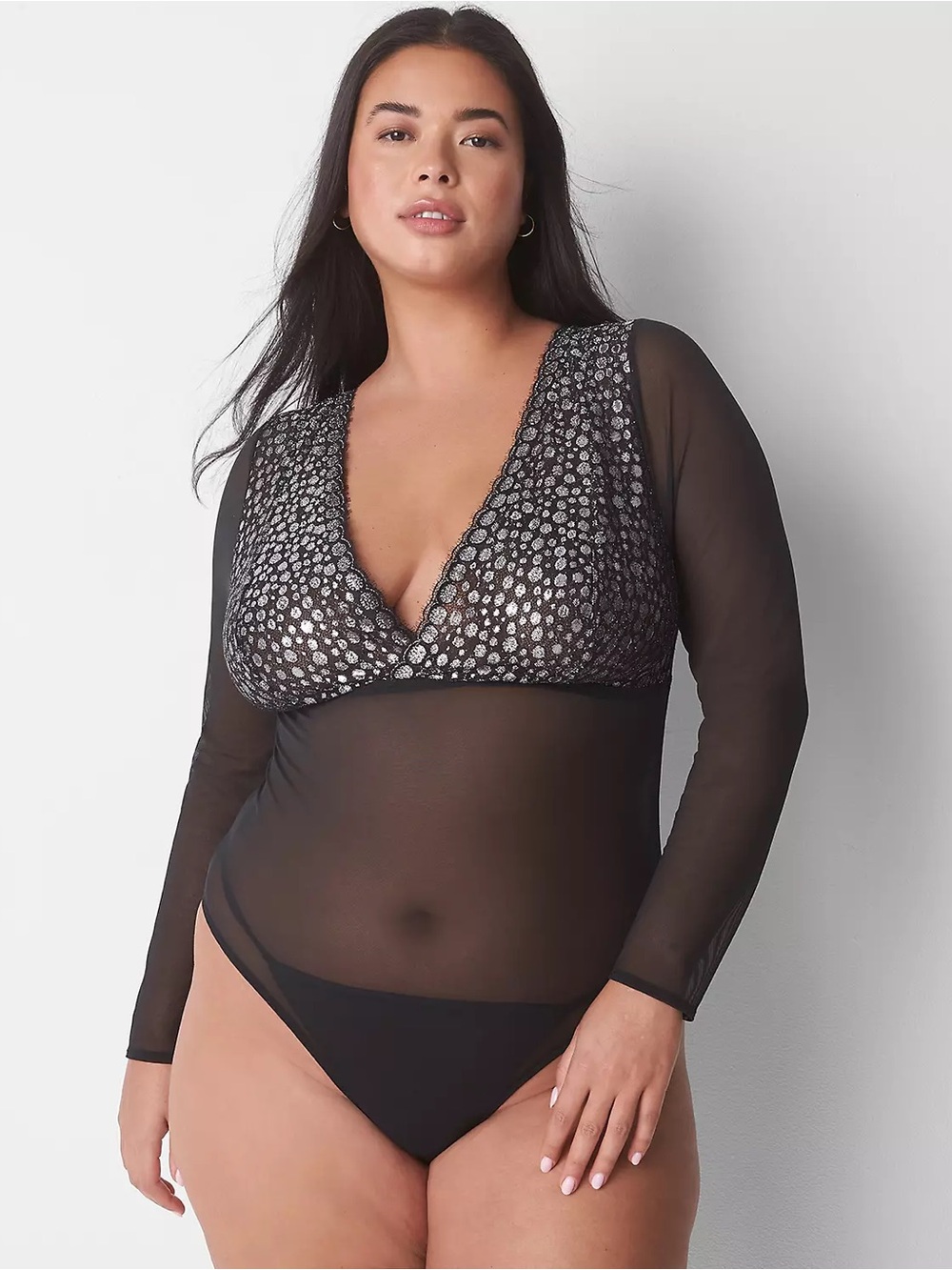 NWT Cacique Lane Bryant Mesh Long Sleeve Bodysuit Lingerie Black Silver 26 28